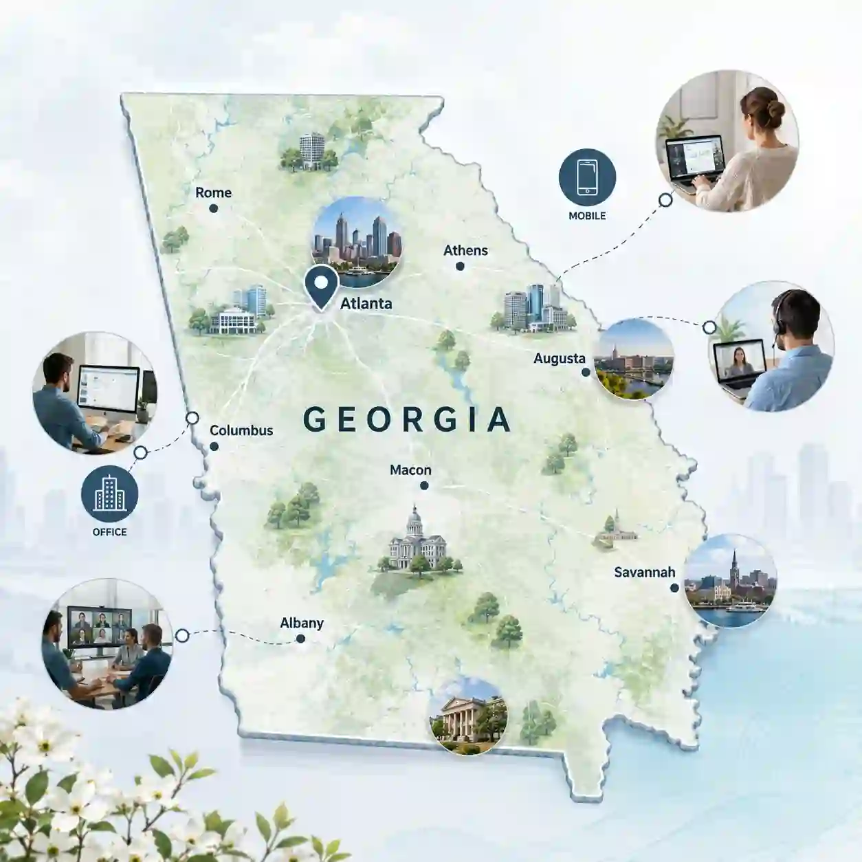Georgia state outline with icons for mobile, office, remote team and call center connected to a central phone pin